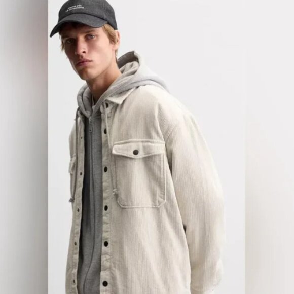 Zara Cream Beige Corduroy Shirt Jacket Relaxed Fit Snap Front Size XL - Picture 2 of 15